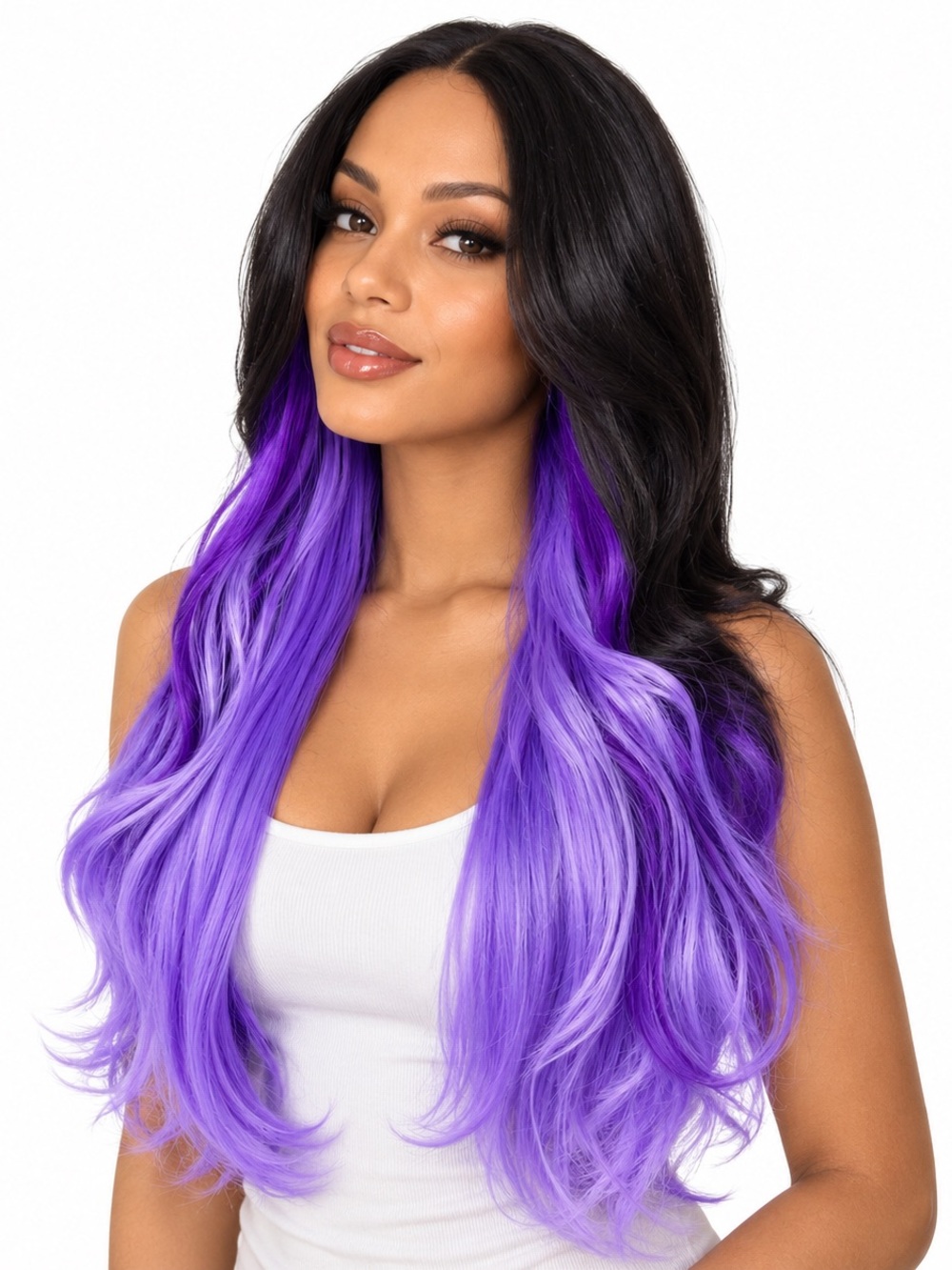 Black and purple pastel wig ombré 24 inch long middle part wavy layered Heat ok